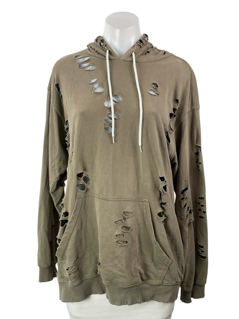 EMMA & SAM Brown Taupe Long Sleeves Distressed Hoodie Hooded Sweatshirt Size XS